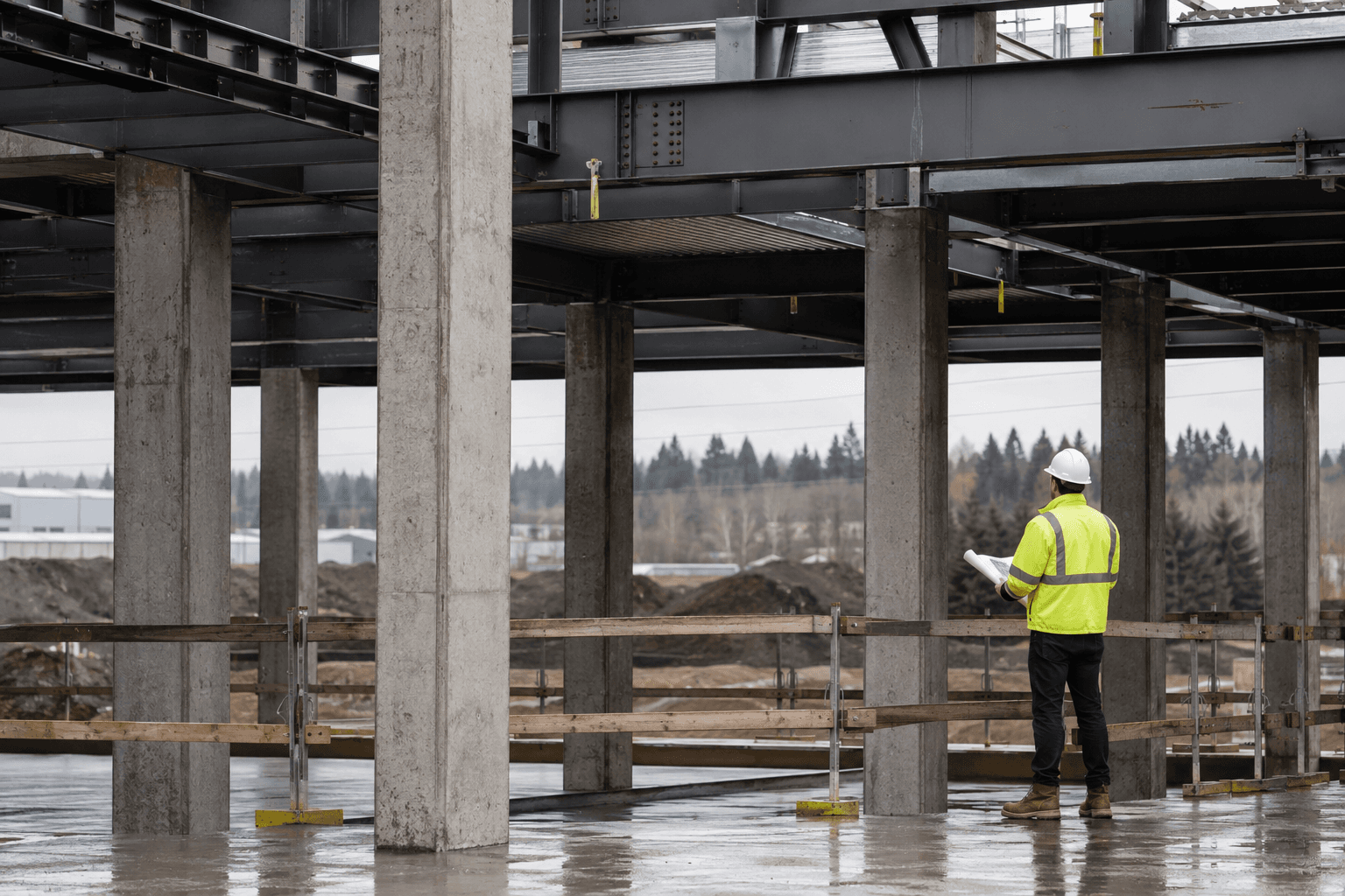 Illustrative construction worker reviewing plans inside a steel and concrete structure